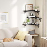 Corner Floating Shelves Wall Mounted  Set of 3 Rustic Wood Storage Display Wall Shelves for Home Decor Black