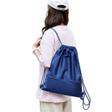 Water-resistant Drawstring Backpack Bag Portable Gym for Outdoor Travel Dark Blue