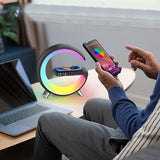Wireless Charger Atmosphere Lamp Digital Alarm Clock Bluetooth Speaker G-Shape Night Light Black