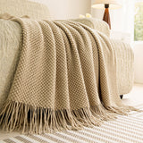 Vintage Knitted Throw Blanket with Tassels for Sofas Bed Camel