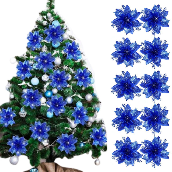 10Pcs Red and Gold Poinsettia Artificial Christmas Flowers – Xmas Tree Ornaments Blue