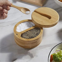 Bamboo Spice Container with Lid and Spoon for Storing Salt Pepper Sugar Herbs Small Spice Box Style 2