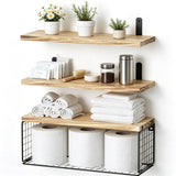 3 PCS Engineered Wood Wall Shelves with Metal Storage Basket Natural Wood Color