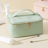 PU Leather Makeup Bag Large Capacity Travel Cosmetic Bag Toiletry Bag for with Handle and Divider Green