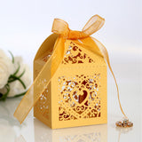 50 PCS Laser Cut Pearl Paper Candy Favor Boxes with Ribbons Gold