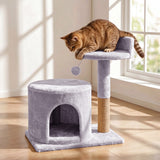 Cat Tree Tower Small with Enclosed Condo Scratching Post Hanging Toy Light Gray