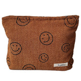 Corduroy Makeup Bag Cute Smile Dots Face Case Handbag with Zipper for Women Brown