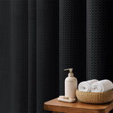 Water Resistant Waffle Shower Curtain with 12 Rustproof Metal Rings Black