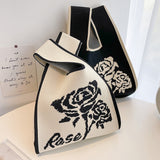 Hooking Tote Bag Small Cute Knot Wristlet Knitted Bag Knitted Wrist Purse Beige Rose