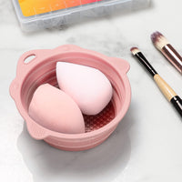 2Pcs Foldable Makeup Brush Cleaner Bowl Portable Silicone Cleaning Tool for Cosmetic Brushes Powder Puffs Sponges Pink