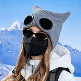 Double Layer Winter Beanie with Goggles Cute Cat Ear Knit Hat for Winter Gray