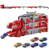 Foldable Dino Carrier Truck Dual Tracks with 6 Mini Cars for Home Outdoors Red