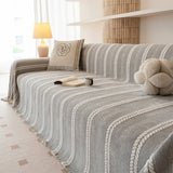 Striped Chenille Throw Blanket Sofa Couch Cover for Living Room Light Gray