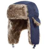Trapper Hat with Warm Faux Fur – Russian Bomber Pilot Winter Hat Dark Navy Blue