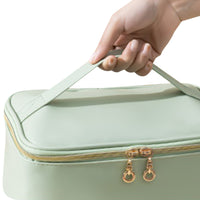 PU Leather Makeup Bag Large Capacity Travel Cosmetic Bag Toiletry Bag for with Handle and Divider Green