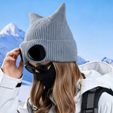 Double Layer Winter Beanie with Goggles Cute Cat Ear Knit Hat for Winter Gray