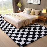 Modern Checkered Style Plush Rug Soft Area Rug for Bedroom Living Room Home Office Black