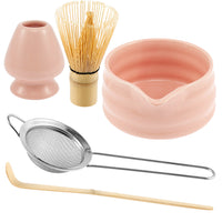 5-Piece Set Traditional Matcha Tea Tools Bamboo Whisk Ceramic Bowl Accessories for Matcha Brewing Pink