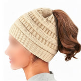 Women's High Bun Ponytail Hat Cable Knit Winter Beanie for Girls Beige