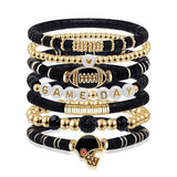 7 Piece Football Clay Bead Bracelet Stack Set Elastic Black