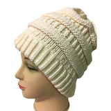 Women's High Bun Ponytail Hat Cable Knit Winter Beanie for Girls Beige