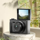 5K Digital Camera with 180-Degree Flip Screen Vlogging Camera with 64GB Card for Beginners Black