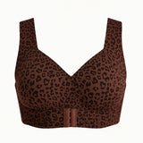 Seamless Front Closure Bra Wireless Full Coverage Cross Back Women Dark Brown Leopard