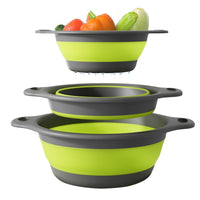 3Pcs Set Foldable Colanders for Vegetables Fruit Draining Baskets with Base Green