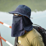 Outdoor Sun Protection Fishing Hat Wide Brim Cap with Neck Flap Face Cover Navy Blue
