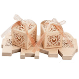 50 PCS Laser Cut Pearl Paper Candy Favor Boxes with Ribbons Beige