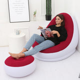 Inflatable Sofa Couch and Footrest Set Flocking Blow Up Couch Chair Set for Camping Balcony Bedroom Wine Red