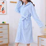 Women Bathrobe Long Winter Warm Wearable Bathrobe Blue