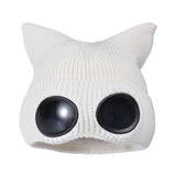 Double Layer Winter Beanie with Goggles Cute Cat Ear Knit Hat for Winter White