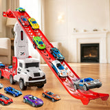 Large Transporter Truck Toy with Dual Track and 6 Alloy Racing Cars Red