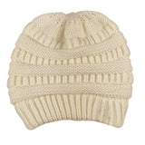 Women's High Bun Ponytail Hat Cable Knit Winter Beanie for Girls Beige