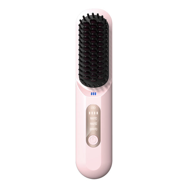 Cordless Hair Straightener Brush Mini Anion Hot Straightener Comb with LED Display Pink