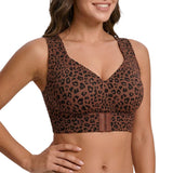 Seamless Front Closure Bra Wireless Full Coverage Cross Back Women Dark Brown Leopard