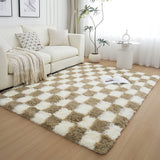 Modern Checkered Style Plush Rug Soft Area Rug for Bedroom Living Room Home Office Khaki