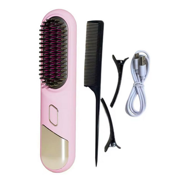 Cordless Hair Straightener Brush Portable Heating Hair Straightening Comb Pink
