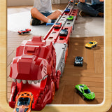 Foldable Dino Carrier Truck Dual Tracks with 6 Mini Cars for Home Outdoors Red
