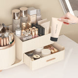 Rotating Makeup Organizer for Vanity with Brush Holder and Drawer Spinning Cosmetic Storage Case Beige