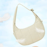 Small Nylon Quilted Crescent Shoulder Bag for Women with Adjustable Strap Beige