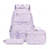3 PCS Girls School Backpack Set with Lunch Bag Pencil Case Purple