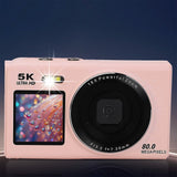 5K HD Dual-Screen Digital Camera Point-and-Shoot Selfie Camera with LED Fill Light Pink