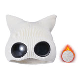 Double Layer Winter Beanie with Goggles Cute Cat Ear Knit Hat for Winter White
