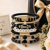7 Piece Football Clay Bead Bracelet Stack Set Elastic Black