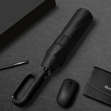 Automatic 10-Rib Folding Umbrella with Carabiner Handle Windproof Black