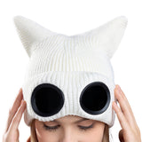 Double Layer Winter Beanie with Goggles Cute Cat Ear Knit Hat for Winter White