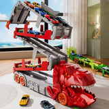 Foldable Dino Carrier Truck Dual Tracks with 6 Mini Cars for Home Outdoors Red