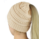 Women's High Bun Ponytail Hat Cable Knit Winter Beanie for Girls Beige